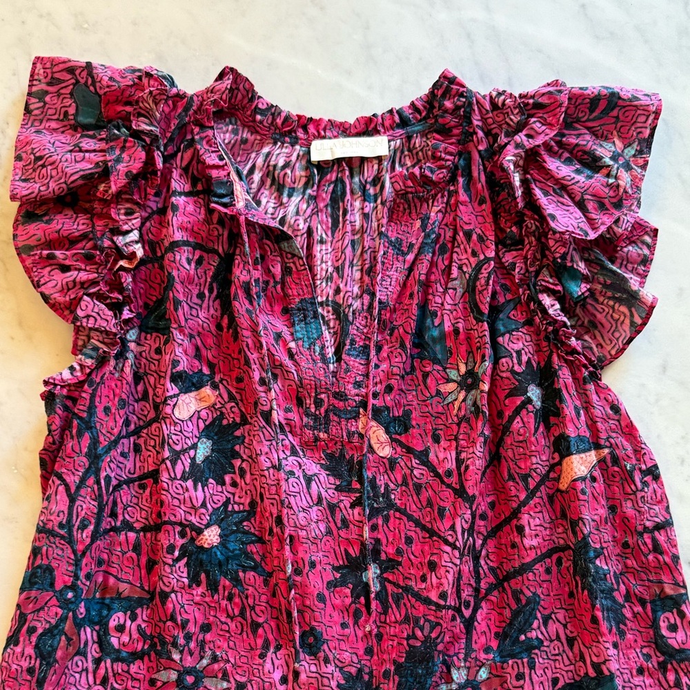 Ulla Johnson Pink and Black Floral Ruffled Blouse in Size 4